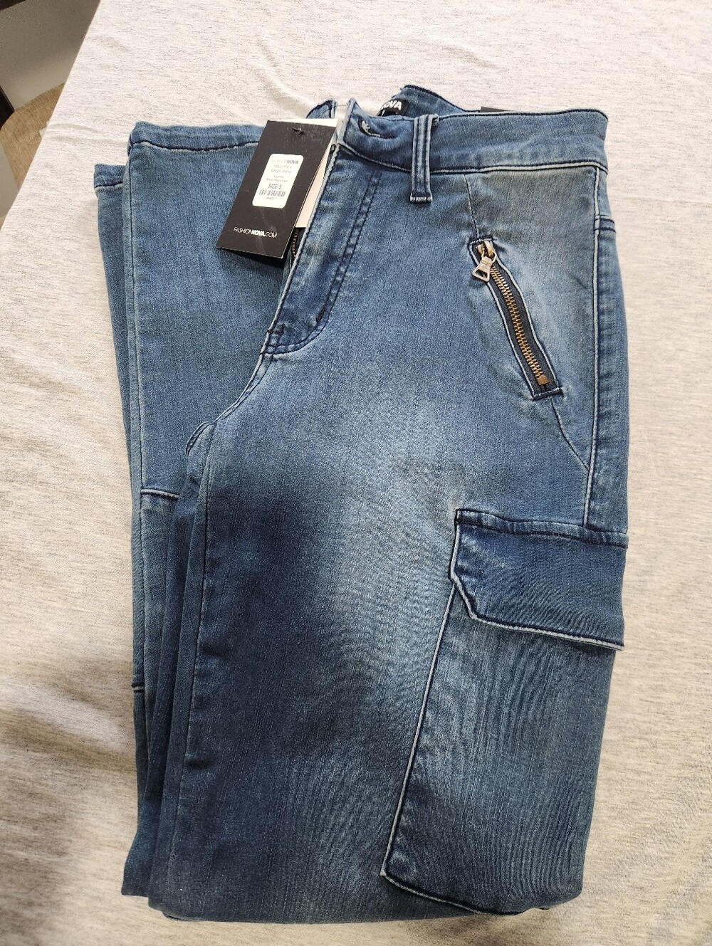 Fashion Nova Men's Washed Blue Slim Cargo Jeans